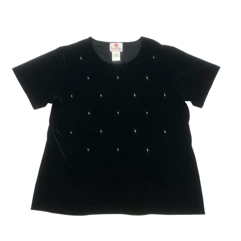 Quacker Factory Shirt Womens 1X Black Velour Rhinestones Short Sleeve